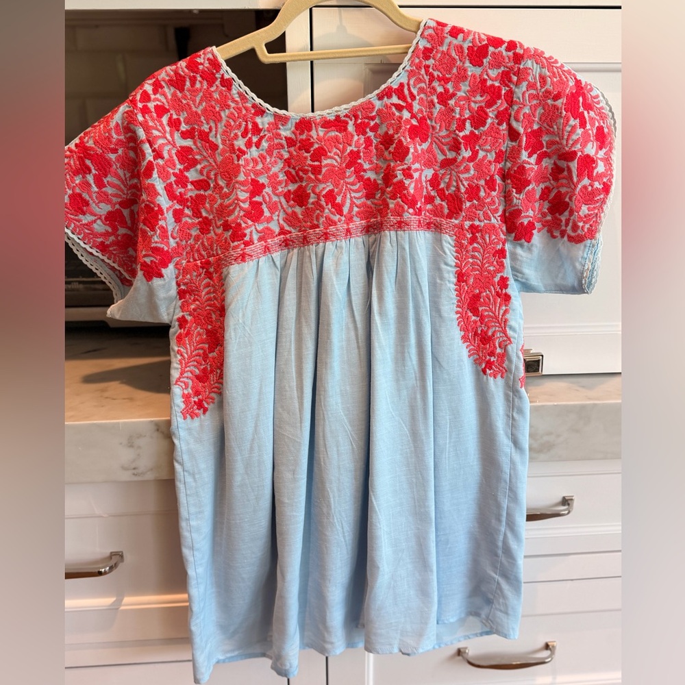 J. Marie Embroidered Light Blue Mexican-Style Top with Hot Pink Detail, EUC, M - Picture 2 of 4